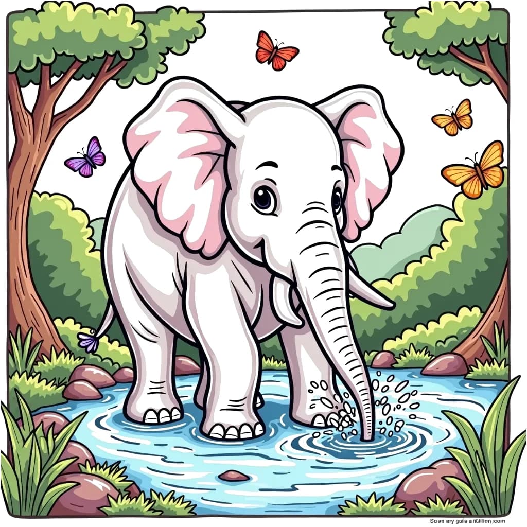 Coloring Page (colored): Gentle Giant - An elephant playfully splashing water with its trunk in a river, surrounded by lush greenery and a few butterflies fluttering nearby.