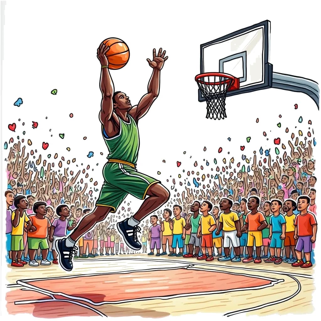 Coloring Page (colored): The Basketball Player's Slam Dunk - A tall basketball player leaps in the air for a slam dunk on a vibrant basketball court, with a cheering crowd of animals in the background. Excitement is in the air as the ball heads towards the hoop.