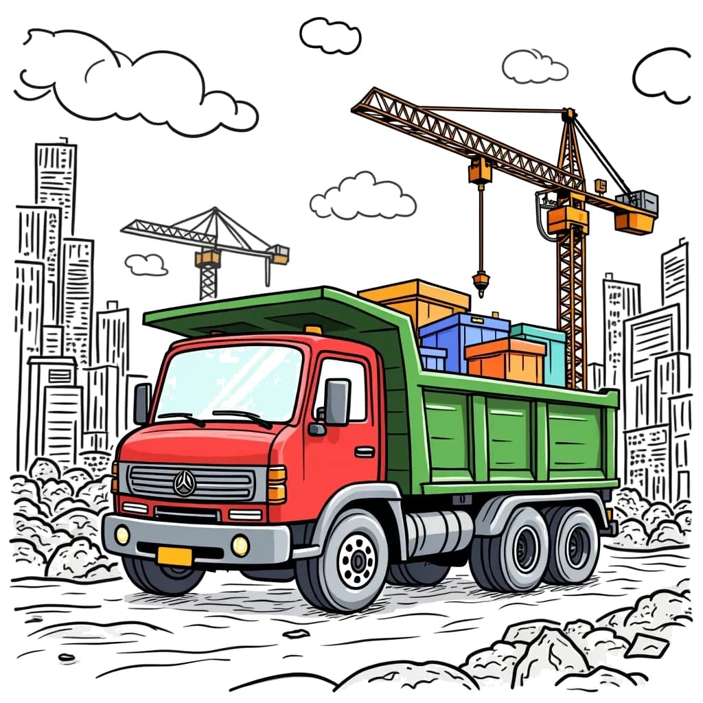 Coloring Page (colored): Flatbed Truck at a Construction Site - A strong flatbed truck is delivering materials at a busy construction site, with cranes and workers in the background. The truck is filled with colorful building supplies, making a lively scene of construction activity.