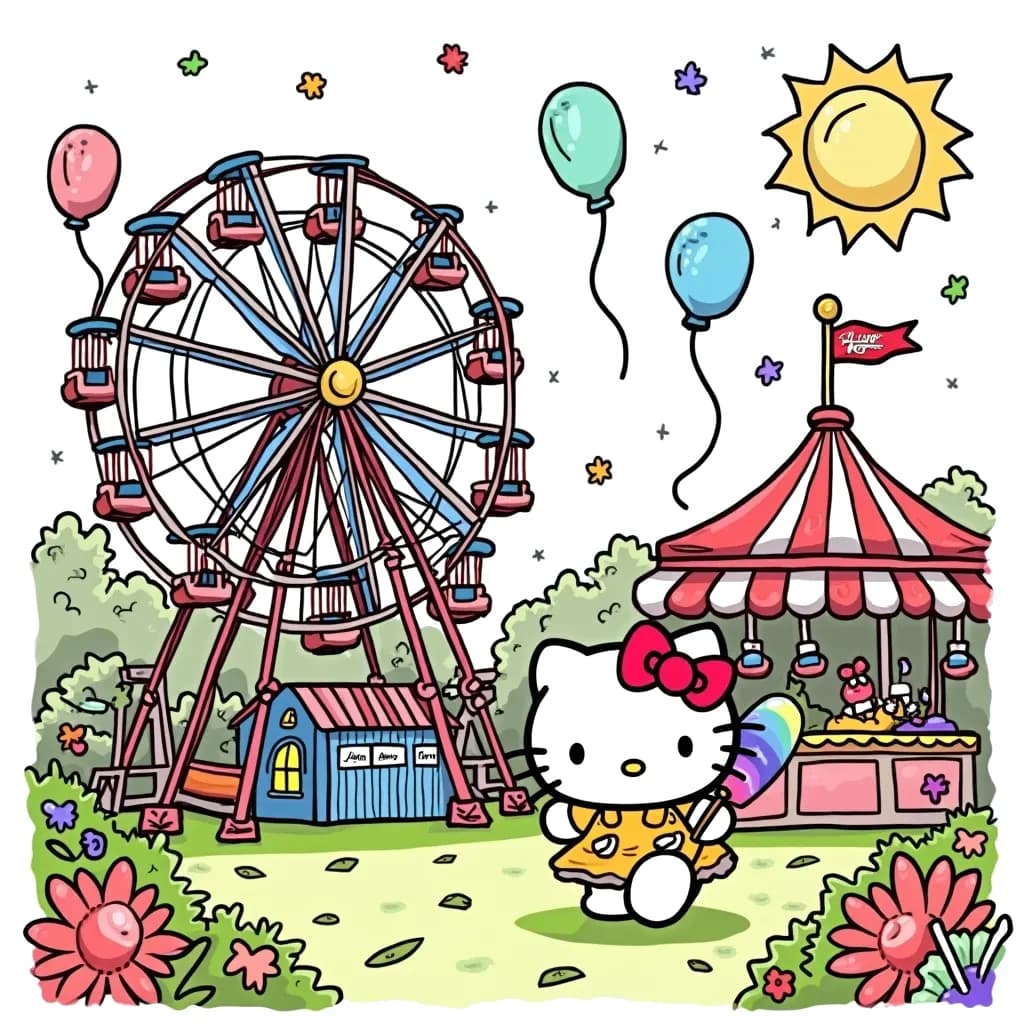 Coloring Page (colored): Hello Kitty at a Summer Carnival - Hello Kitty is enjoying a summer carnival filled with fun rides and games. The scene is filled with bright, playful colors: the ferris wheel is painted in cheerful red, blue, and yellow, while balloons in various pastel shades float in the air. Hello Kitty is dressed in a cute yellow dress holding a rainbow-colored cotton candy. The stalls are decorated with stripes of red and white, and there are colorful lights twinkling all around in vibrant hues of purple, green, and gold.