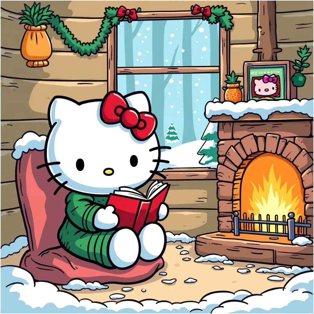 Coloring Page (colored): Hello Kitty's Cozy Cabin - Hello Kitty is inside a cozy cabin, sitting by a warm fireplace lit with orange and yellow flames. The walls of the cabin are decorated with festive red and green decorations. Hello Kitty is reading a book while wearing a cute green and red striped sweater. Outside the window, you can see the blanket of white snow covering the trees and ground, contrasted by the soft golden glow of the cabin lights.