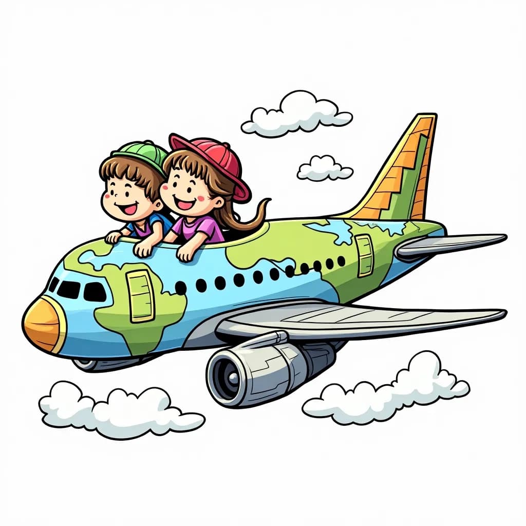 Coloring Page (colored): Global Traveler - An airplane with a globe-shaped body, decorated with flags from different countries, soaring through a sunset view of famous landmarks below.