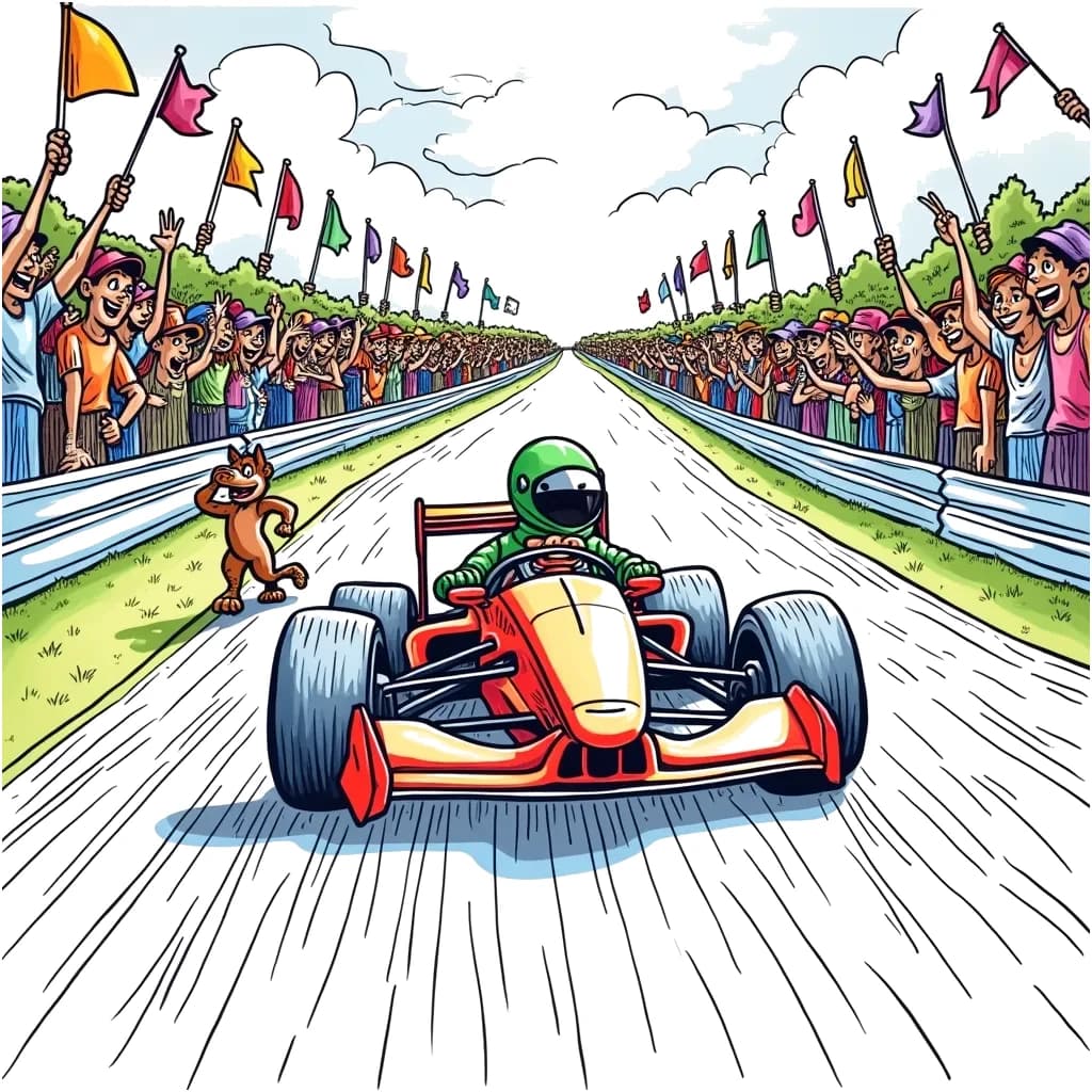 Coloring Page (colored): Race Car Championship - A race car speeds around a colorful race track with excited fans waving flags, while a mongoose runs alongside the track cheering.