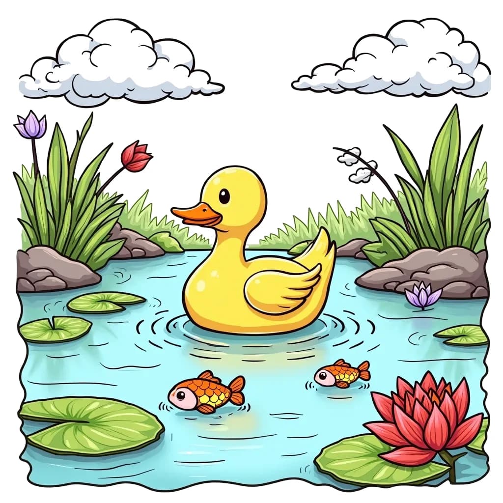 Coloring Page (colored): Duck in a Pond - A duck swims peacefully in a pond surrounded by lily pads and clouds in the sky. Some fish can be seen swimming beneath the water surface.