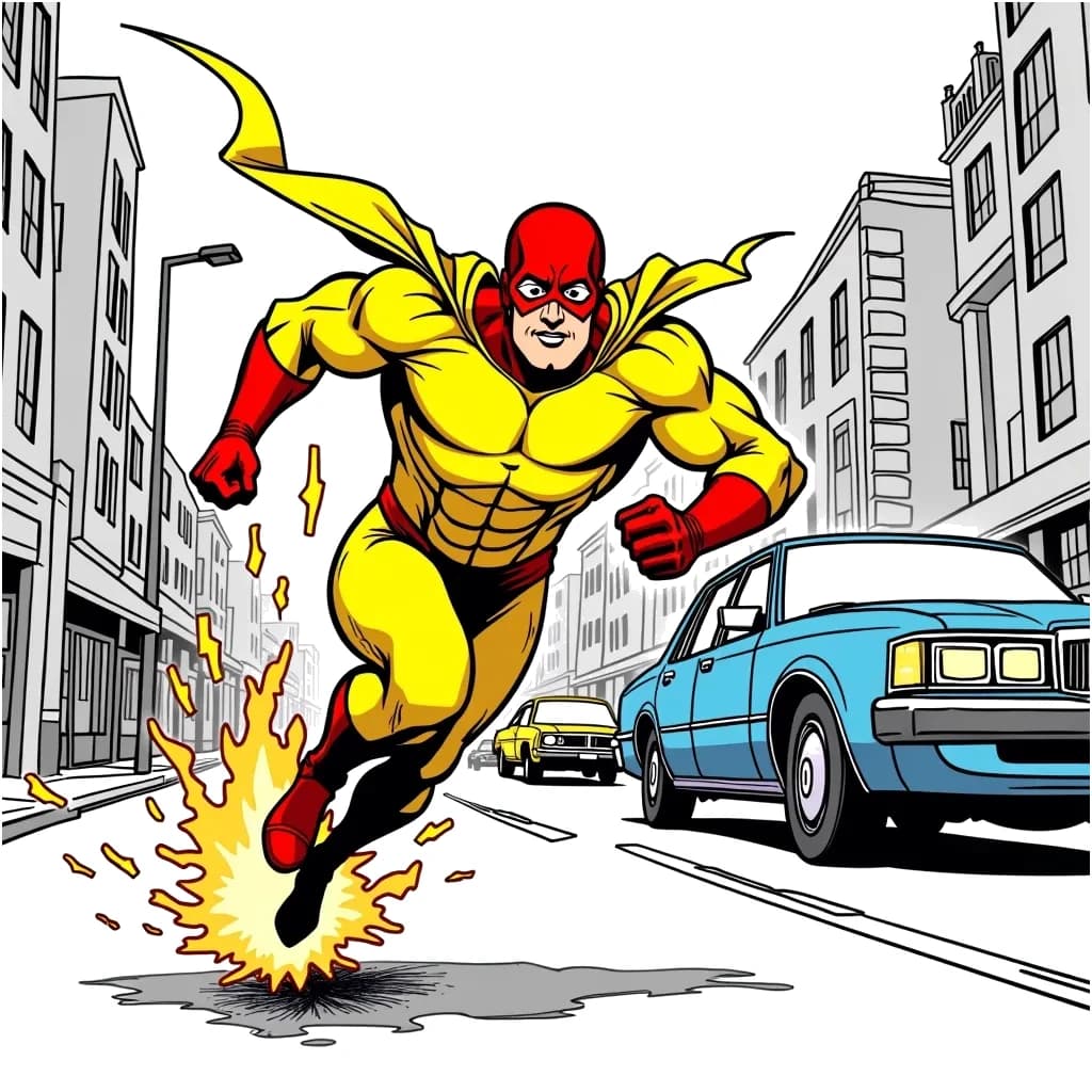 Coloring Page (colored): The Lightning Flash - A speedy superhero in a bright yellow costume races down a city street, leaving a trail of lightning behind him. Cars stop in awe as he zooms by, barely visible to the naked eye.