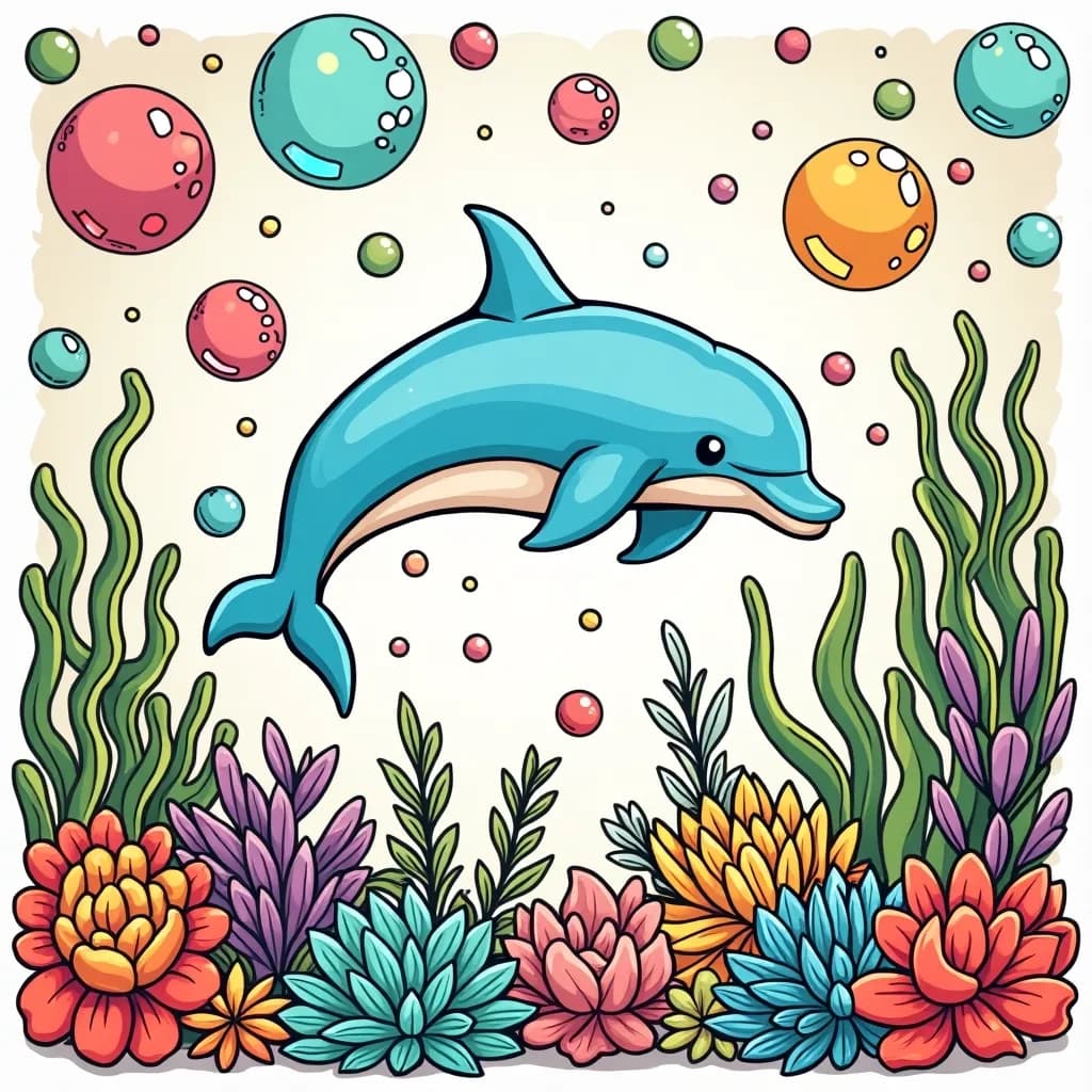 Coloring Page (colored): Dolphin in a Bubble World - A dolphin floating through giant colorful bubbles, with whimsical patterns and lights shimmering all around in an underwater carnival.