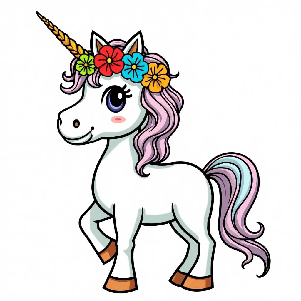 Coloring Page (colored): Unicorn with a Flower Crown - A unicorn adorned with a beautiful crown made of wildflowers, standing gracefully in a sunlit meadow.