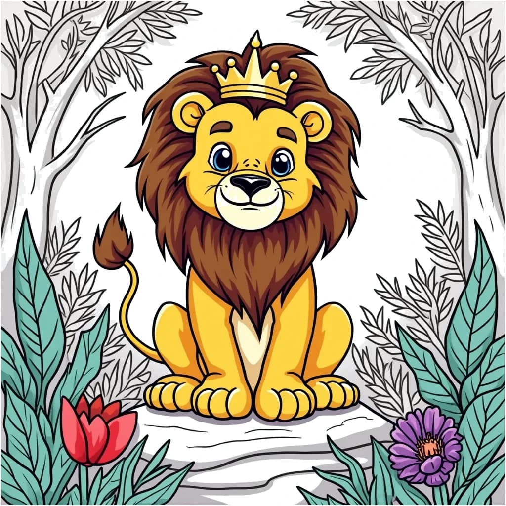 Coloring Page (colored): Lion's Royal Portrait - A majestic scene with a lion sitting proudly on a rock, wearing a crown and surrounded by a regal jungle backdrop, as if posing for a royal portrait.