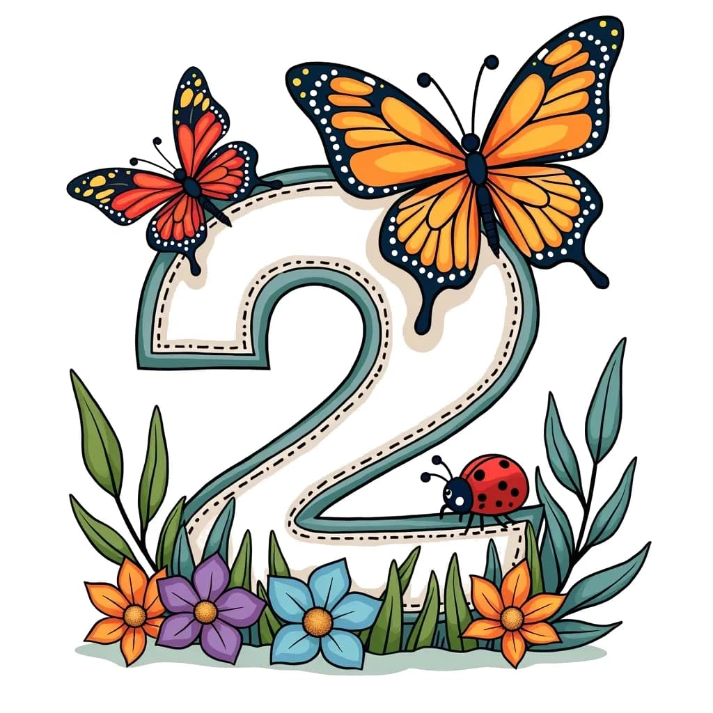 Coloring Page (colored): Number 2 with two butterflies - Illustrate the number 2 along with two colorful butterflies fluttering above it. Add a friendly ladybug sitting on the number as a cute detail.