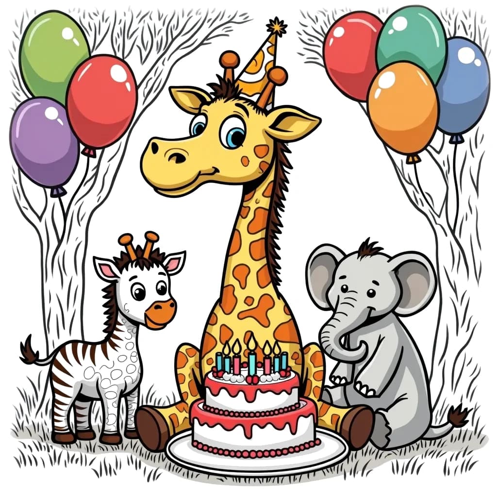 Coloring Page (colored): Giraffe's Birthday Party - A cheerful giraffe wearing a party hat, surrounded by colorful balloons and a big cake under a tree in the savanna, with friends like a zebra and an elephant joining the fun.