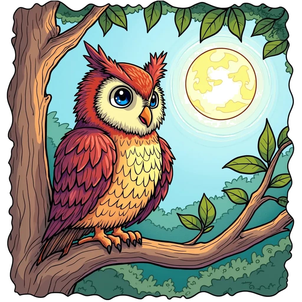 Coloring Page (colored): Owl on a Branch - An owl perches on a tree branch at dusk, looking out into the forest, with the moon shining brightly in the night sky behind it.