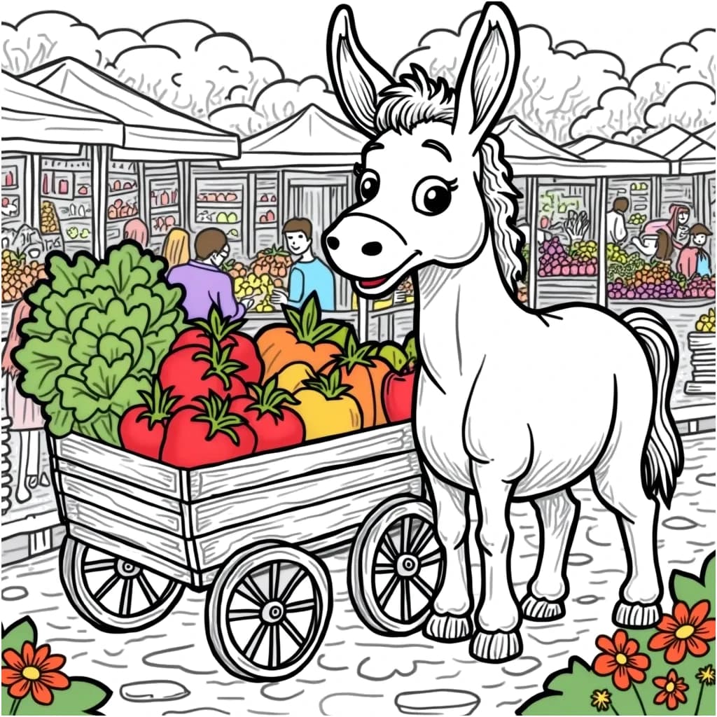 Coloring Page (colored): Donkey at the Farmer's Market - A cheerful donkey standing next to a colorful cart filled with fresh fruits and vegetables at a bustling farmer's market. Various stalls can be seen in the background, with people buying produce. Bright flowers decorate the scene, adding to the festive atmosphere.