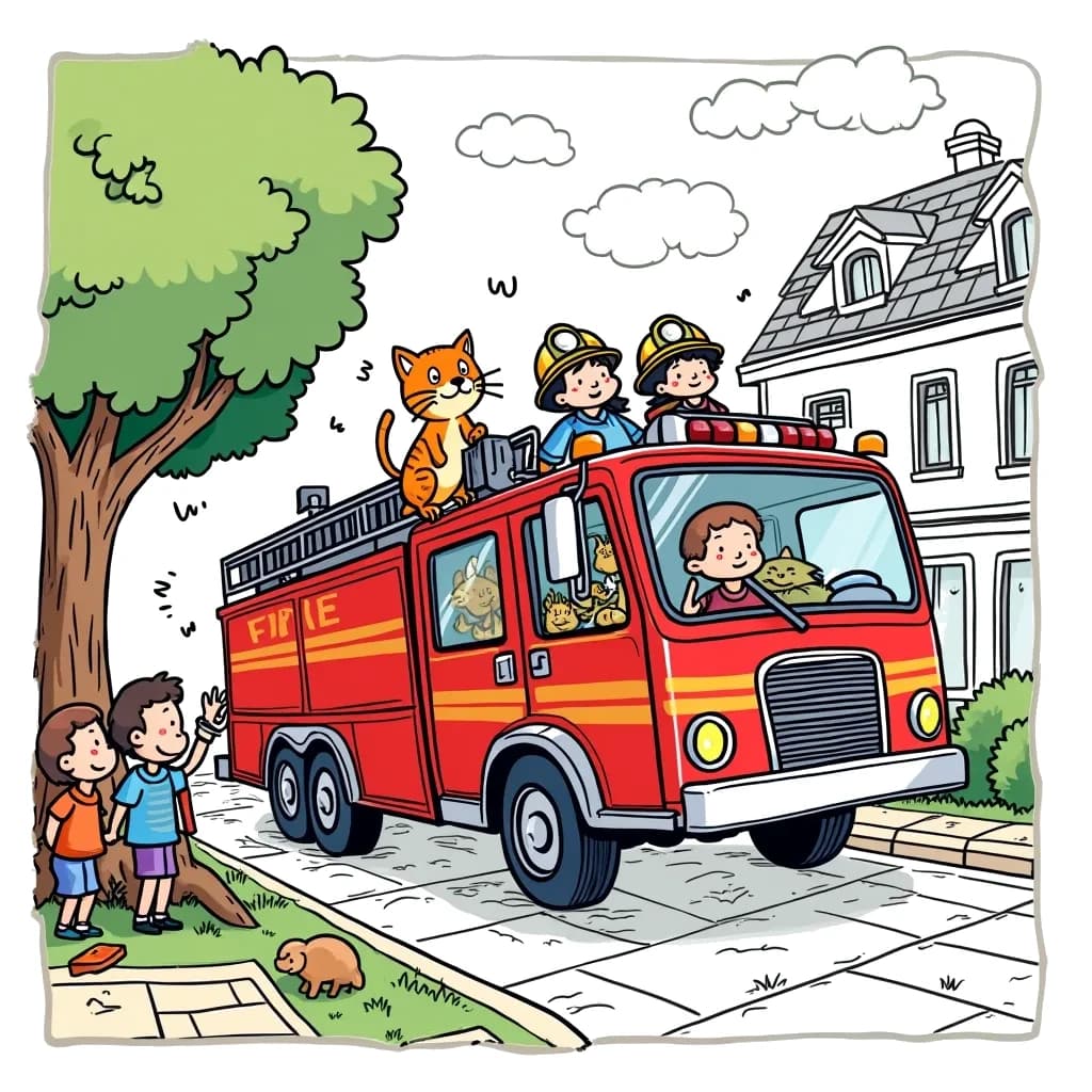 Coloring Page (colored): Fire Engine Rescue - A bright red fire engine zooming down the street with firefighters getting ready to help a cat stuck in a tree, with children cheering them on.