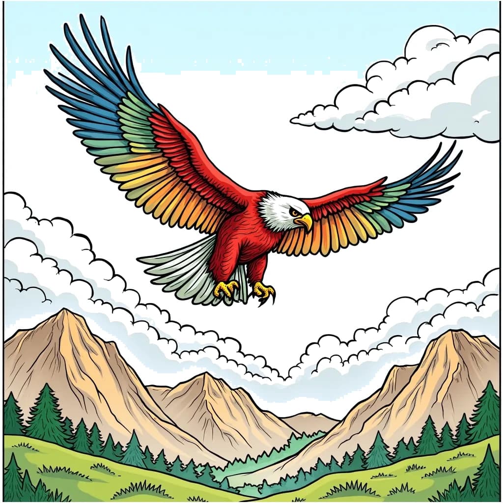 Coloring Page (colored): Hawk Flying Above Mountains - A majestic hawk soars through the clear blue sky above a range of rugged mountains, with clouds floating softly in the background.