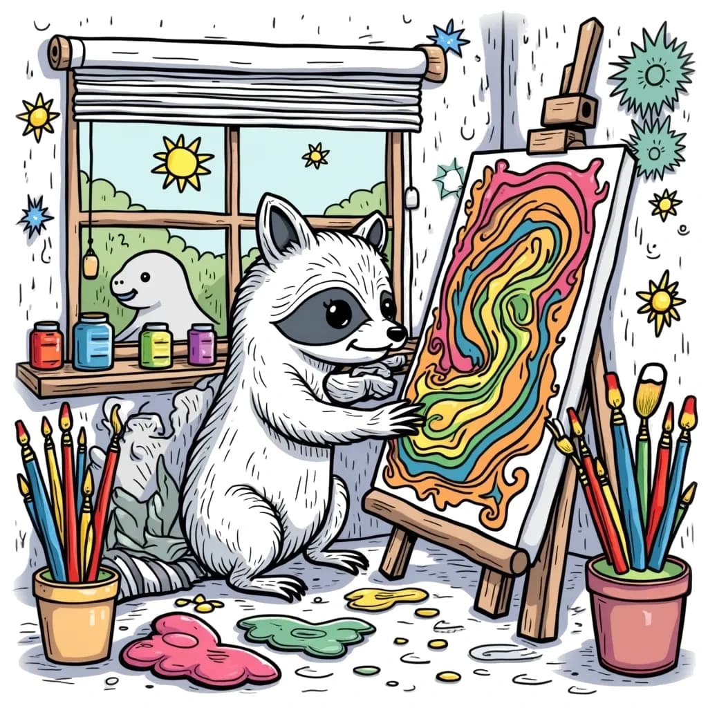 Coloring Page (colored): The Artist's Magical Studio - An imaginative artist's studio brimming with colorful paints, brushes, and whimsical canvases. The artist is a friendly raccoon happily painting a giant masterpiece with colorful swirls and patterns, while a curious manatee peeks in through the window, eager to see what's being created!