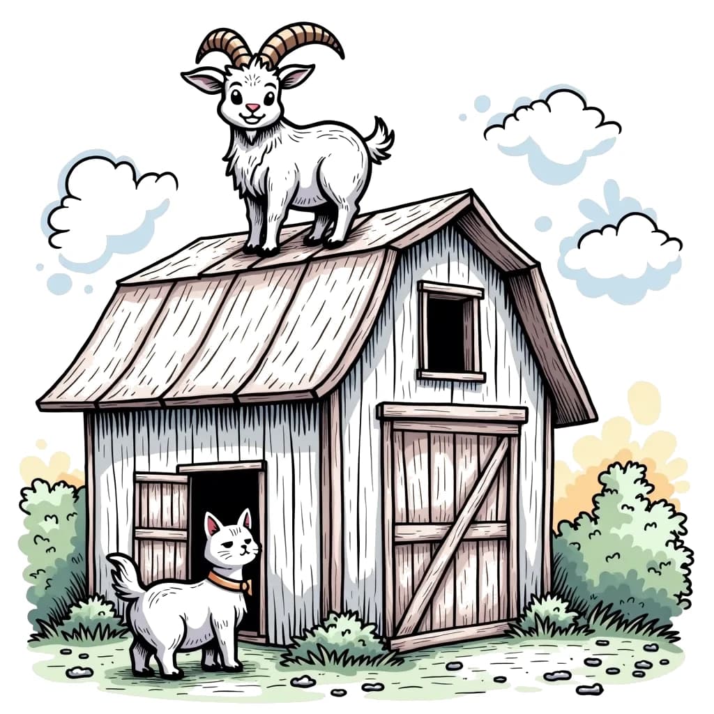 Coloring Page (colored): Goat on the Roof - A playful goat standing on the roof of a barn, looking down with a mischievous grin. Below, a curious cat watches in awe, wondering how the goat got up there.