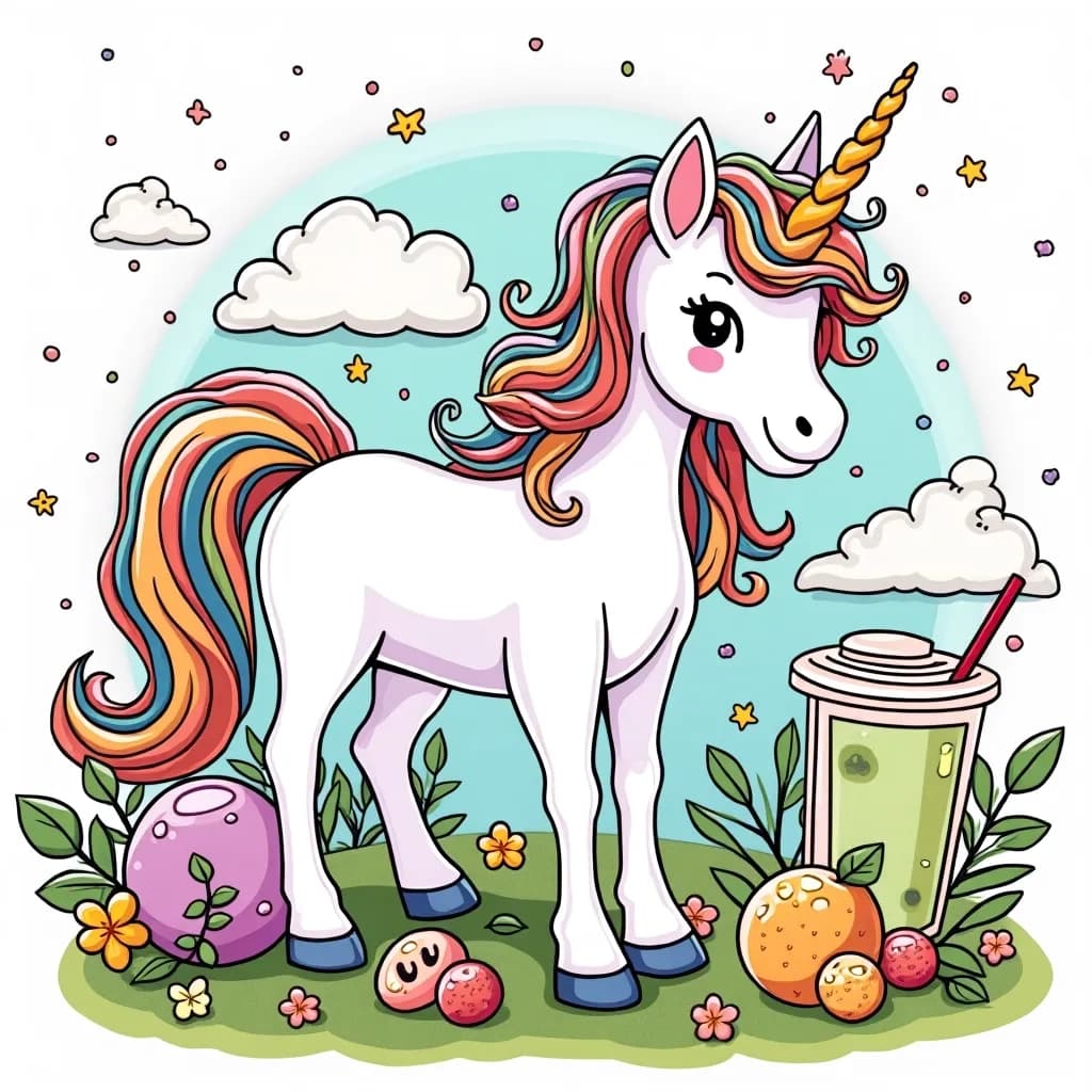 Coloring Page (colored): Unicorn in a Bubble Tea World - A whimsical unicorn surrounded by giant bubble tea cups, floating boba balls, and colorful straws in a playful landscape.