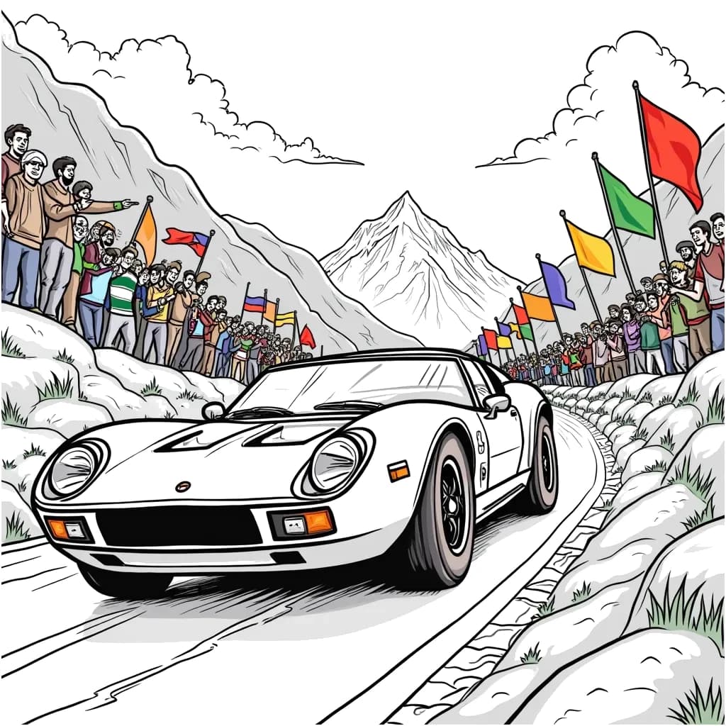 Coloring Page (colored): Sports Car Race - A sleek sports car speeds down a winding mountain road, with flags waving in the background and cheering spectators along the route.