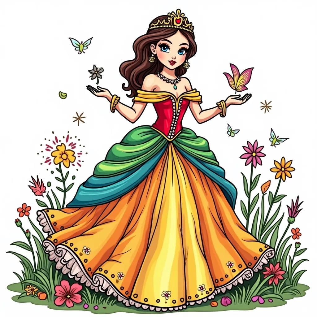 Coloring Page (colored): Festival Princess - A lively princess in a colorful gown with lanterns and festive decorations all around her, celebrating a joyful festival with children and friends.