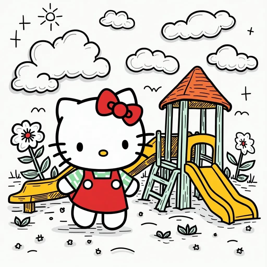 Coloring Page (colored): Hello Kitty on the Playground - Hello Kitty playing on a vibrant playground, swinging on a swing set painted with rainbow colors, with flowers blooming all around.