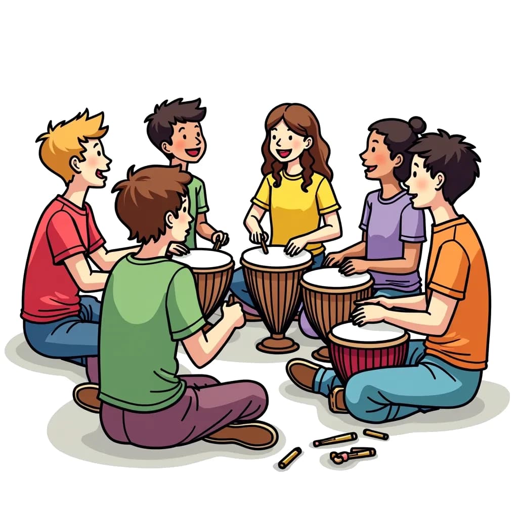 Coloring Page (colored): Drum Circle - A group of friends sitting in a circle, each playing a different percussion instrument, creating a rhythm together.