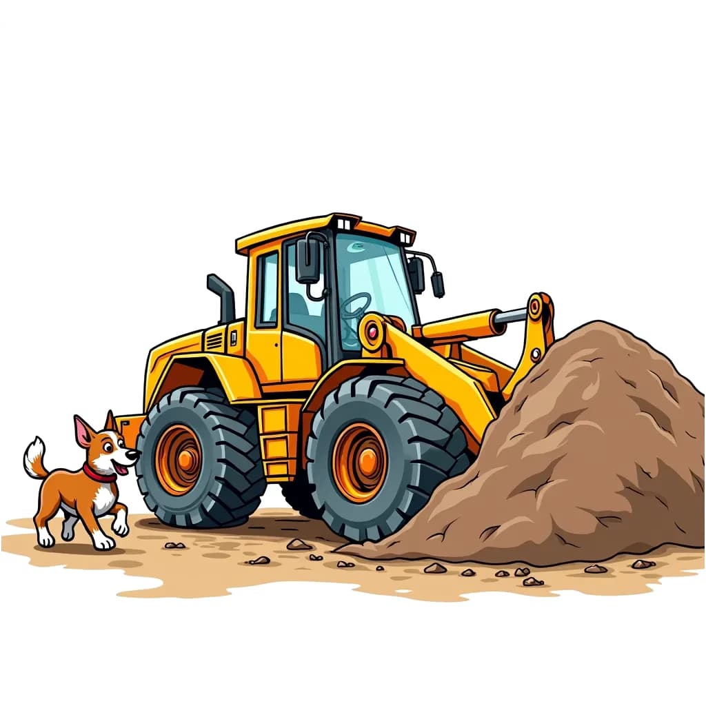 Coloring Page (colored): Bulldozer's Big Push - Illustrate a bright yellow bulldozer pushing a large mound of earth. A cheerful dog is playfully running alongside, looking excited as it watches the bulldozer at work.