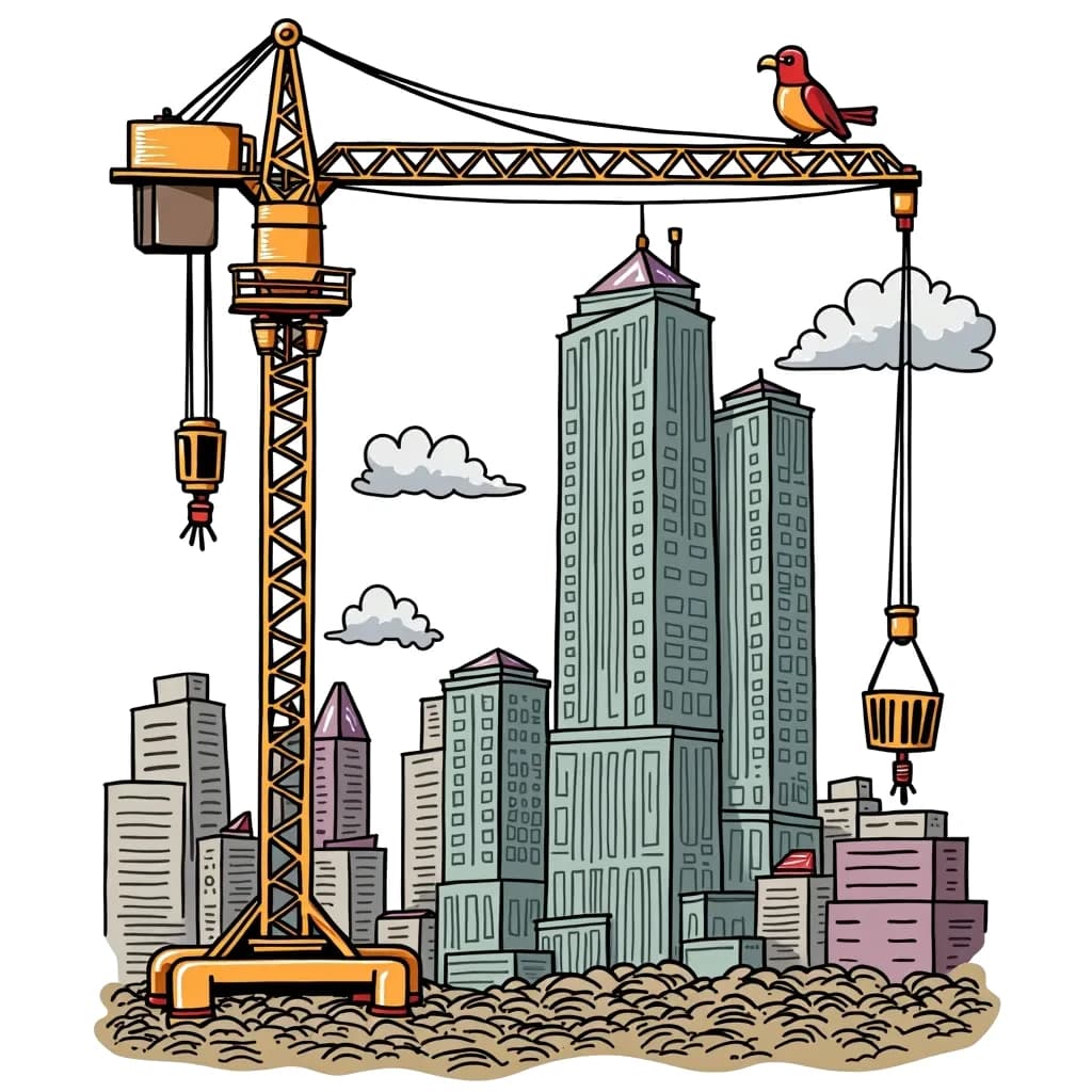 Coloring Page (colored): Cranes in the City - A tall crane is lifting materials to build a skyscraper, with a bird perched on its arm overseeing the construction.