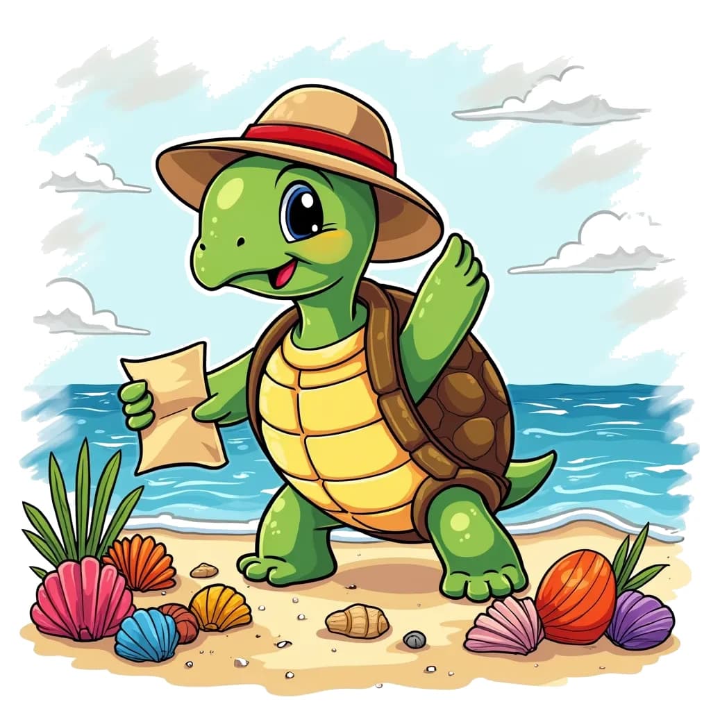 Coloring Page (colored): Turtle's Treasure Hunt - Illustrate a cheerful turtle wearing a little explorer's hat, searching for hidden treasures on the beach. There's a sparkling sea, colorful shells, and a map in its flipper.