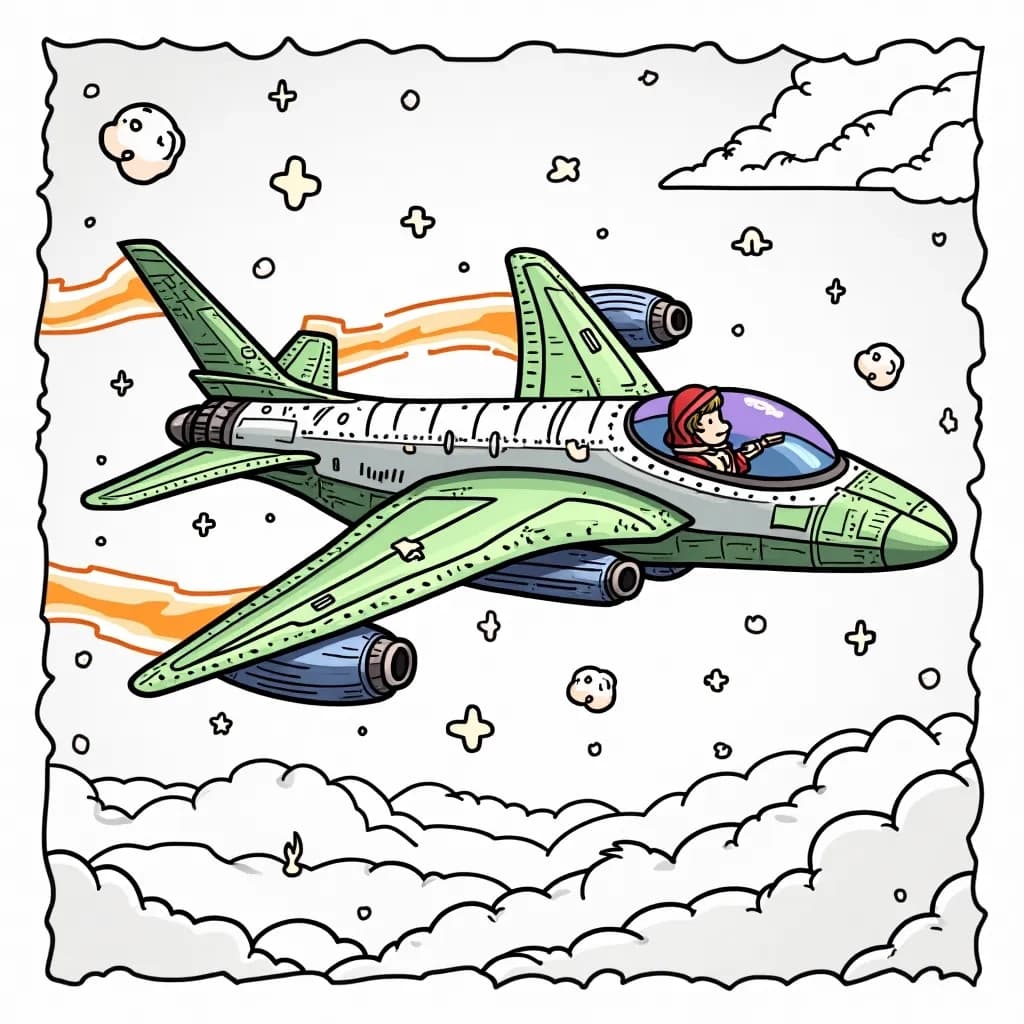 Coloring Page (colored): Galactic Explorer - An airplane resembling a starship, flying through a cosmic scene filled with swirling galaxies and bright shooting stars in vibrant colors.