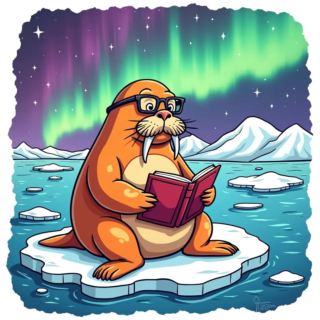 Coloring Page (colored): Walrus Wisdom - A wise old walrus sitting on an ice floe, wearing glasses and reading a book about the Arctic. The background features a beautiful aurora borealis illuminating the night sky.