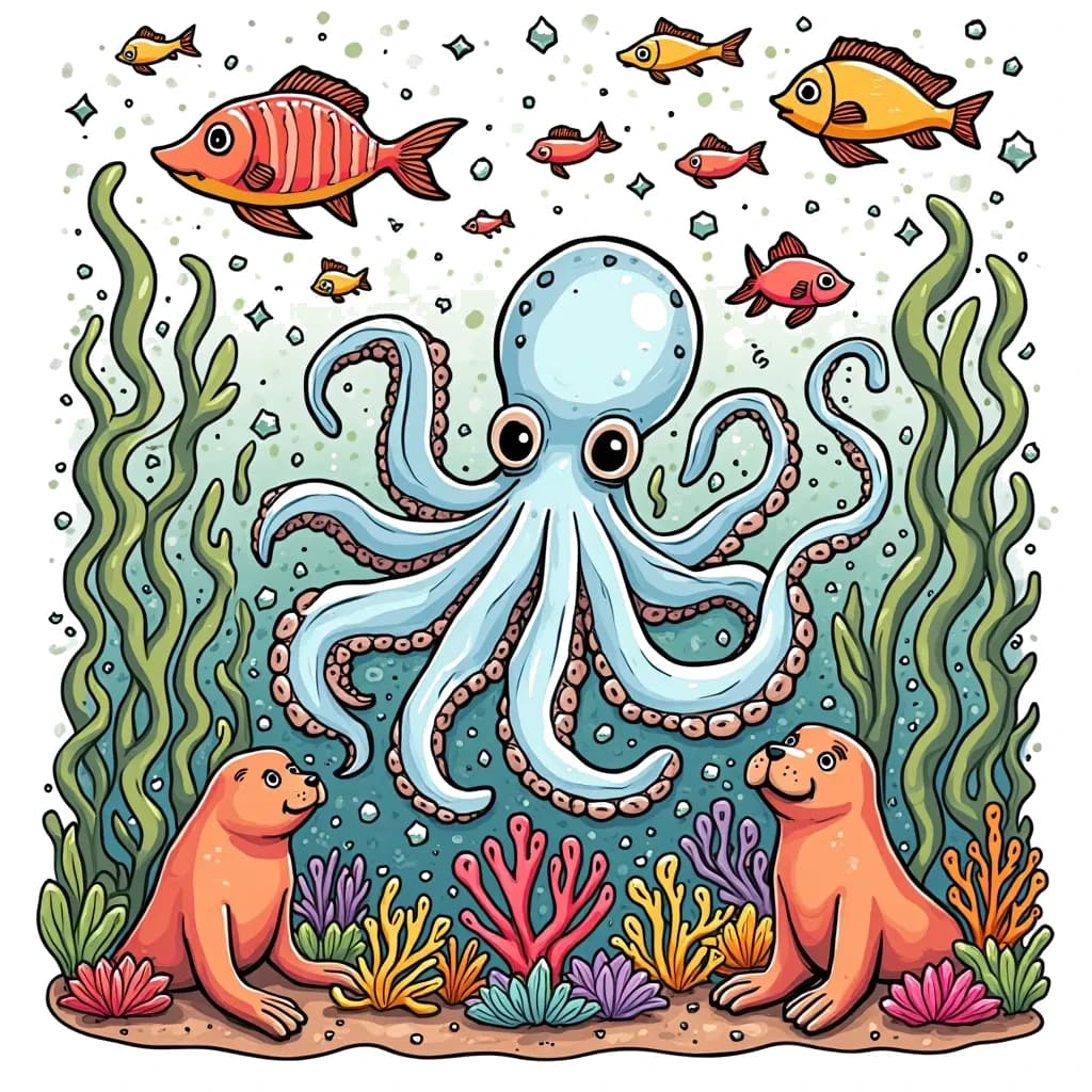 Coloring Page (colored): Octopus Underwater Parade - An artistic octopus creates colorful underwater decorations for a spectacular parade. Sea creatures like vibrant fish and a friendly walrus join in, celebrating the beauty of the ocean.