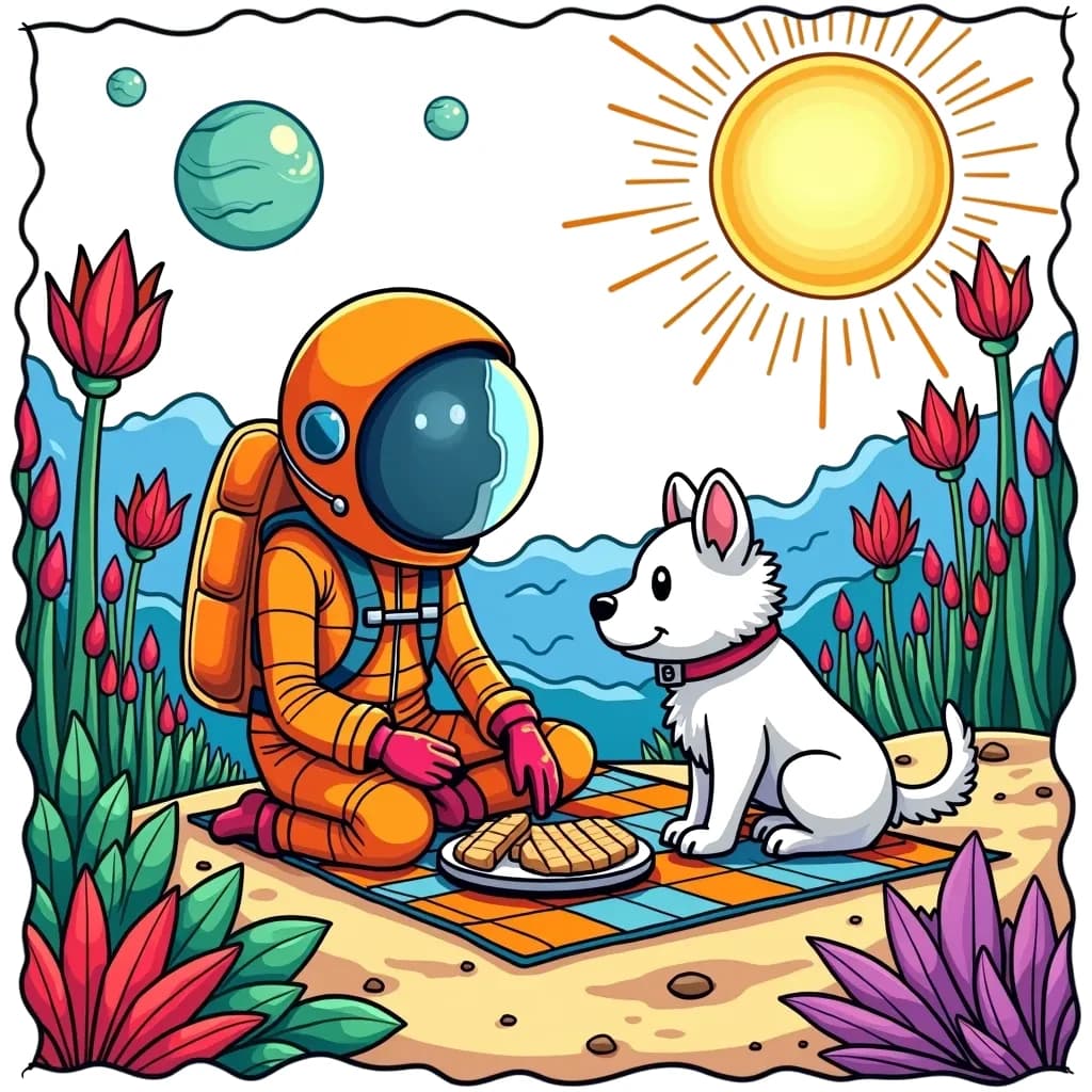 Coloring Page (colored): Planetary Picnic - A space explorer and their trusty space dog set up a picnic on the surface of a vibrant, alien planet. The background features exotic plants and two suns shining in the bright sky, creating a playful and colorful scene.