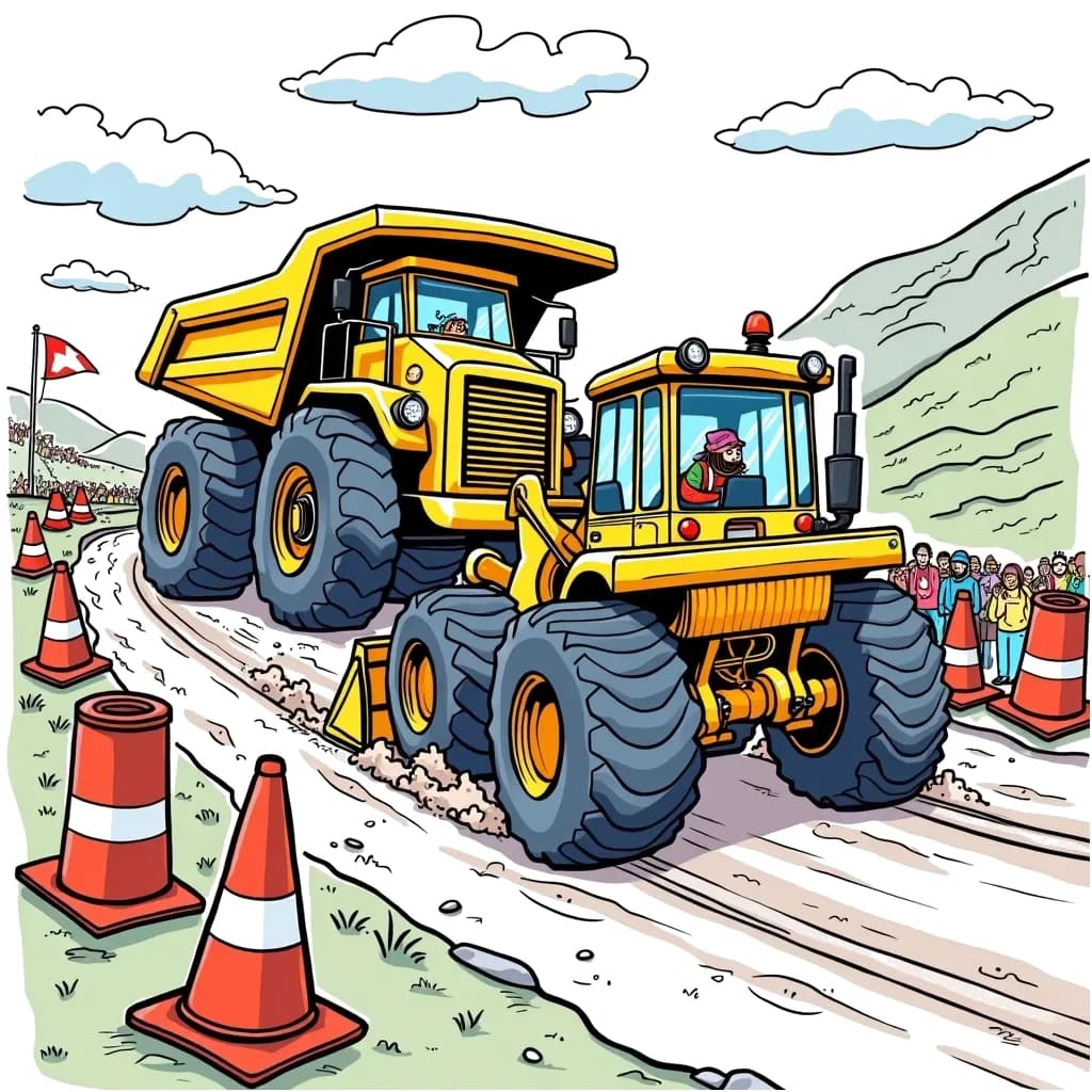 Coloring Page (colored): Bulldozer Rally - A bulldozer is racing against a dumper truck on a dirt track, with spectators like cones and barrels cheering on the sidelines.