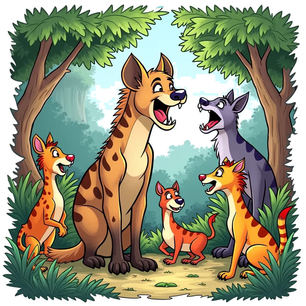 Coloring Page (colored): Hyena's Laughing Competition - A playful scene where a hyena is participating in a laughing competition with other animals in a vibrant jungle setting. The hyena is mid-laugh, showing its teeth and surrounded by curious animals watching the fun.