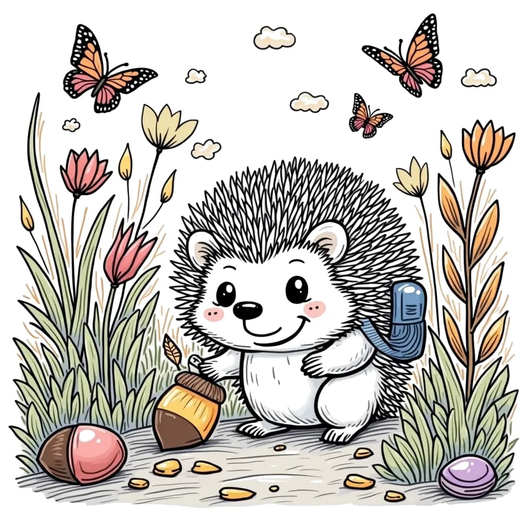 Coloring Page (colored): The Hedgehog's Garden Adventure - A cute hedgehog is exploring a beautiful garden filled with flowers and butterflies. The hedgehog has a tiny backpack on its back, as it investigates a shiny acorn lying on the ground.