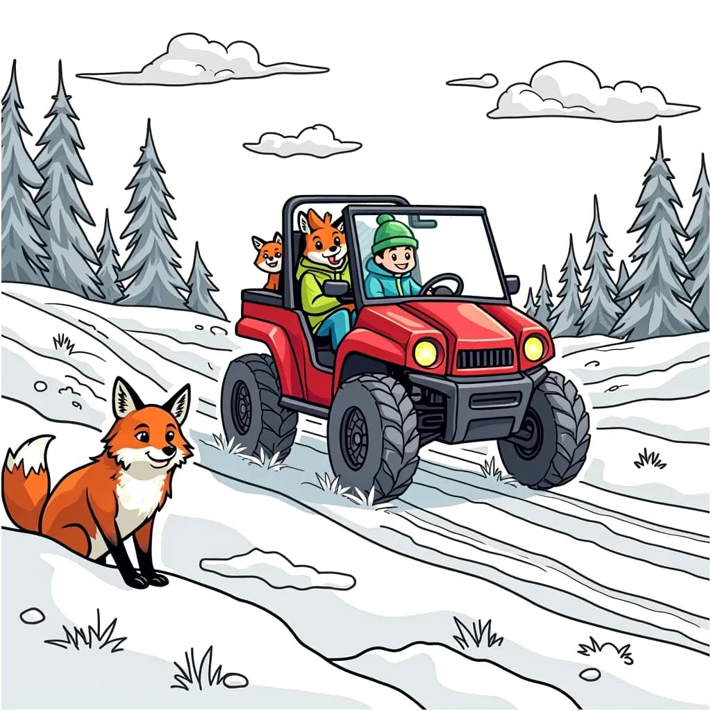 Coloring Page (colored): Tundra Buggy Adventure - A tundra buggy driving across a snowy landscape, with a curious fox peeking out from behind a snowbank in the foreground.