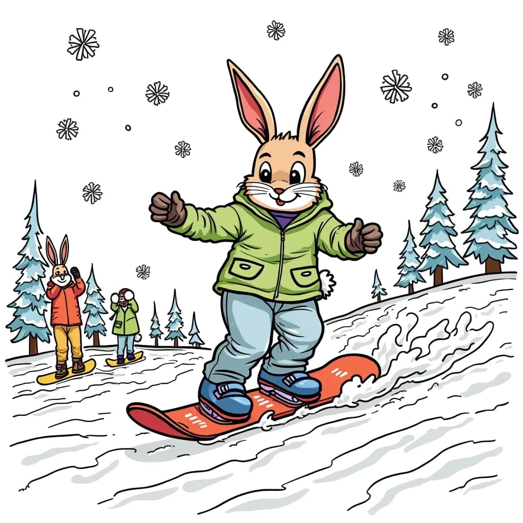 Coloring Page (colored): Snowboarder on the Slopes - Draw an adventurous snowboarder bunny racing down a snowy hill, with friends cheering, snowflakes flying, and fun ski equipment scattered around the slopes.