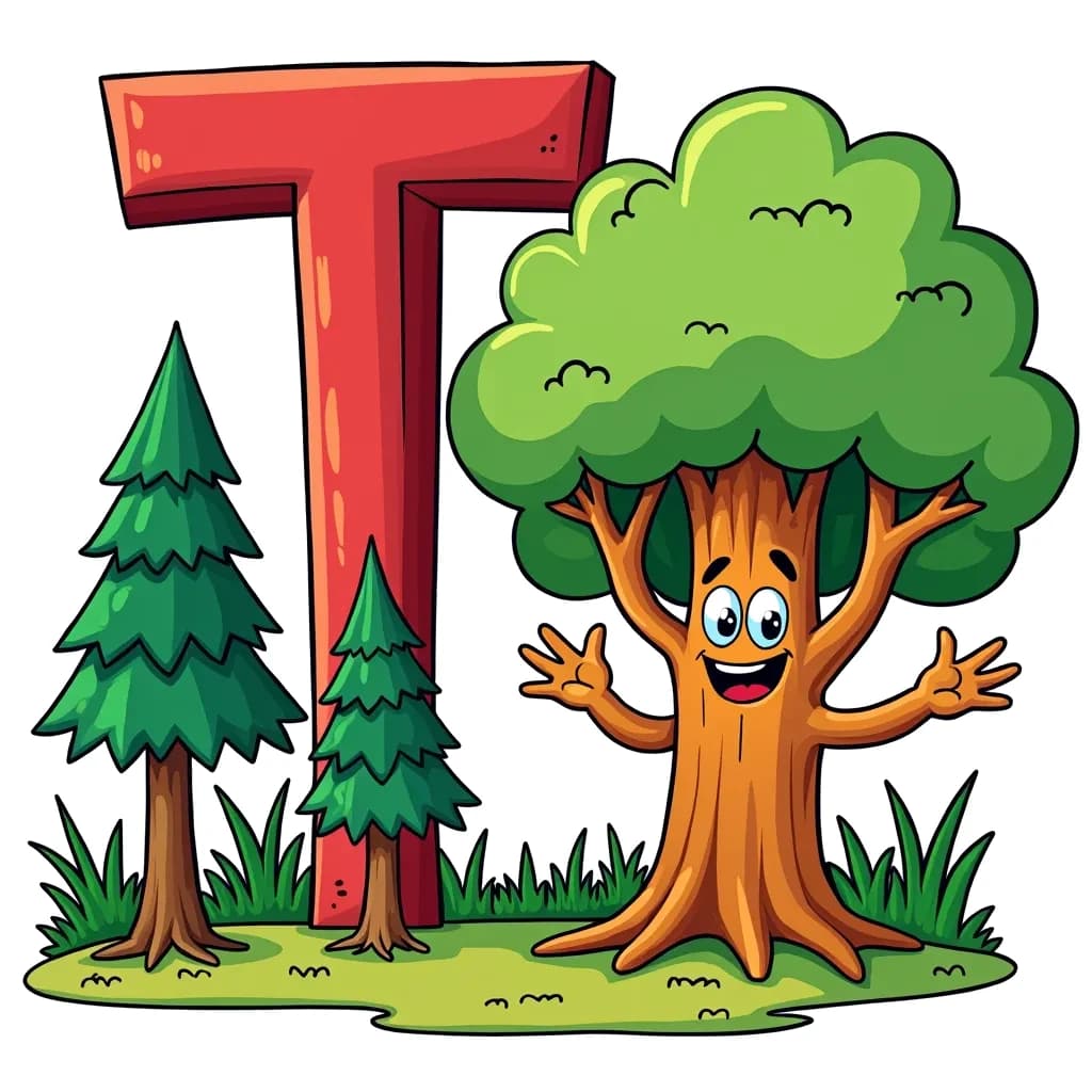 Coloring Page (colored): Letter T and a Tree - The letter 'T' is surrounded by tall green trees, with one tree appearing to be a friendly character with a face and waving branches, inviting children to color it in.