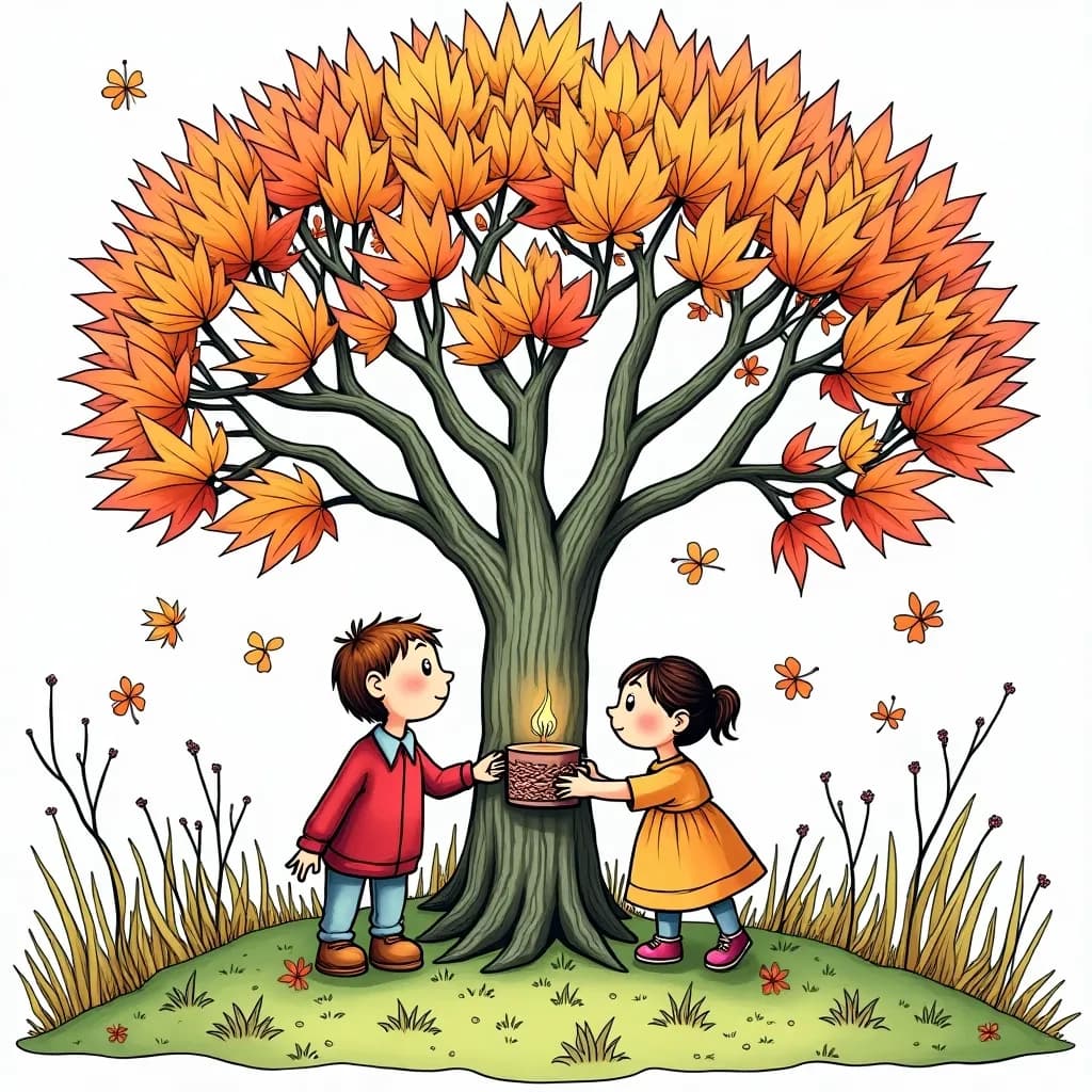 Coloring Page (colored): Maple Syrup Dreams - A whimsical scene of a maple tree, with sap dripping into a pot, surrounded by playful squirrels and a sweeping backdrop of autumn colors.