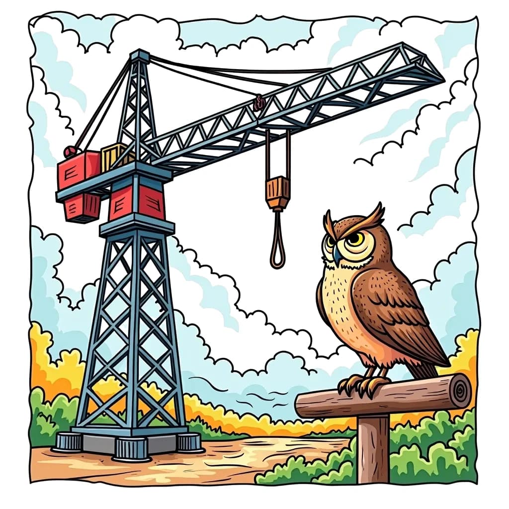 Coloring Page (colored): Cranes in the Sky - A tall crane is lifting a heavy beam into the sky, with a wise old owl sitting on one of its beams, keeping watch.