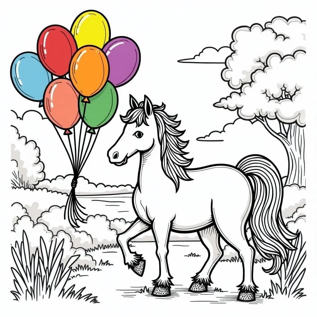 Coloring Page (colored): Horse with a Balloon Bouquet - An adorable horse standing in a park holding a bunch of colorful balloons tied to its tail, surrounded by picnicking families and a playground.