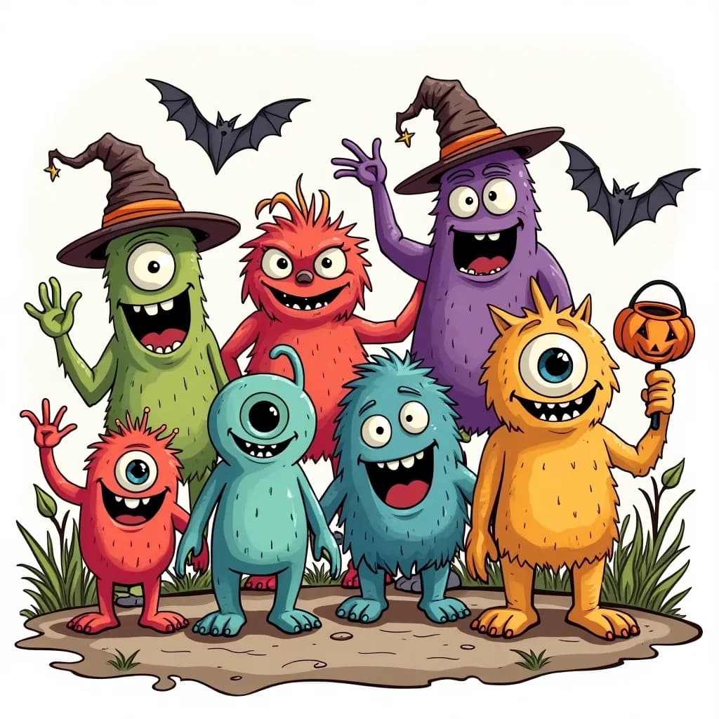 Coloring Page (colored): Monster Parade - A parade of cute monsters celebrating Halloween. Each monster is uniquely colored - aqua, lavender, and bright orange, complete with fun costumes and accessories. They're marching through a candy-coated landscape with lollipops and gumdrops.