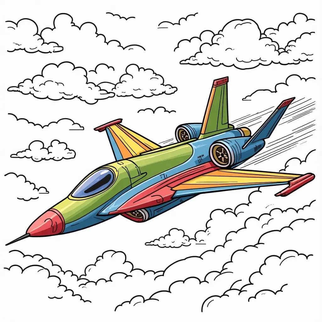 Coloring Page (colored): Cloud Chaser - A sleek modern jet flying through a sky of soft pastel colors, with fluffy clouds surrounding it like cotton candy.