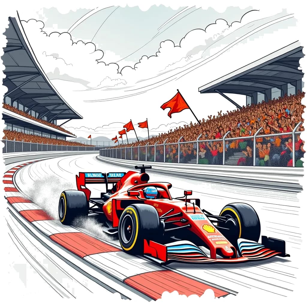 Coloring Page (colored): Formula 1 Race - A high-speed Formula 1 car zooming around a racetrack, with cheering fans in the grandstands waving flags.