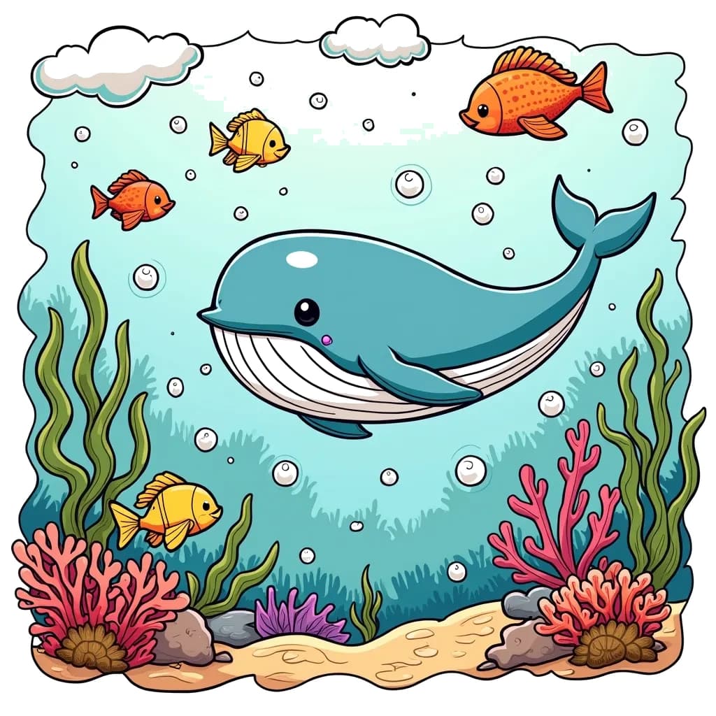 Coloring Page (colored): Whale's Ocean Symphony - Create an enchanting underwater scene with a singing whale, surrounded by friendly fish, coral reefs, and bubbles, showcasing the beauty of the ocean melodies.