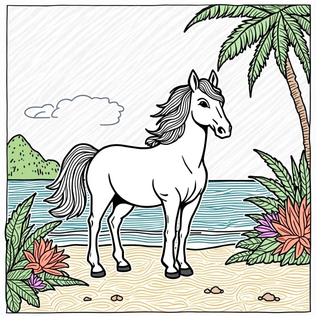 Coloring Page (colored): Fantasy Island Horse - A magical horse on a small tropical island, surrounded by colorful birds and palm trees, with a backdrop of a beautiful rainbow arching over the ocean.