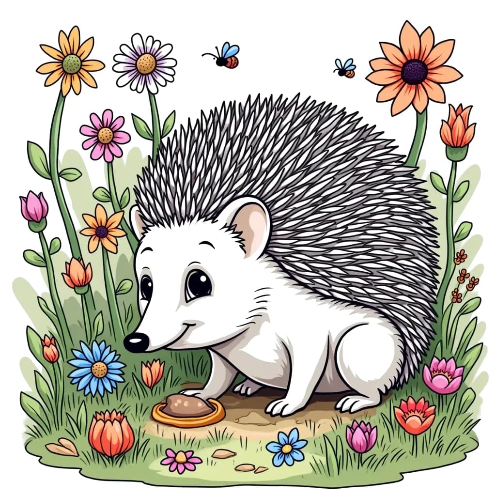 Coloring Page (colored): Hedgehog in the Garden - A hedgehog exploring a garden, with various flowers and insects around it, curiously sniffing around.