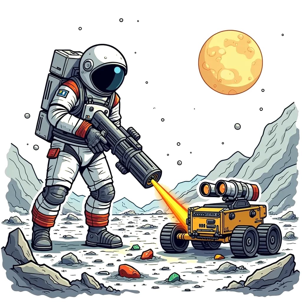 Coloring Page (colored): Asteroid Mining Adventure - A lone astronaut works diligently on a metallic asteroid, using high-tech tools to extract valuable minerals. A small rover stands nearby, assisting in the task.