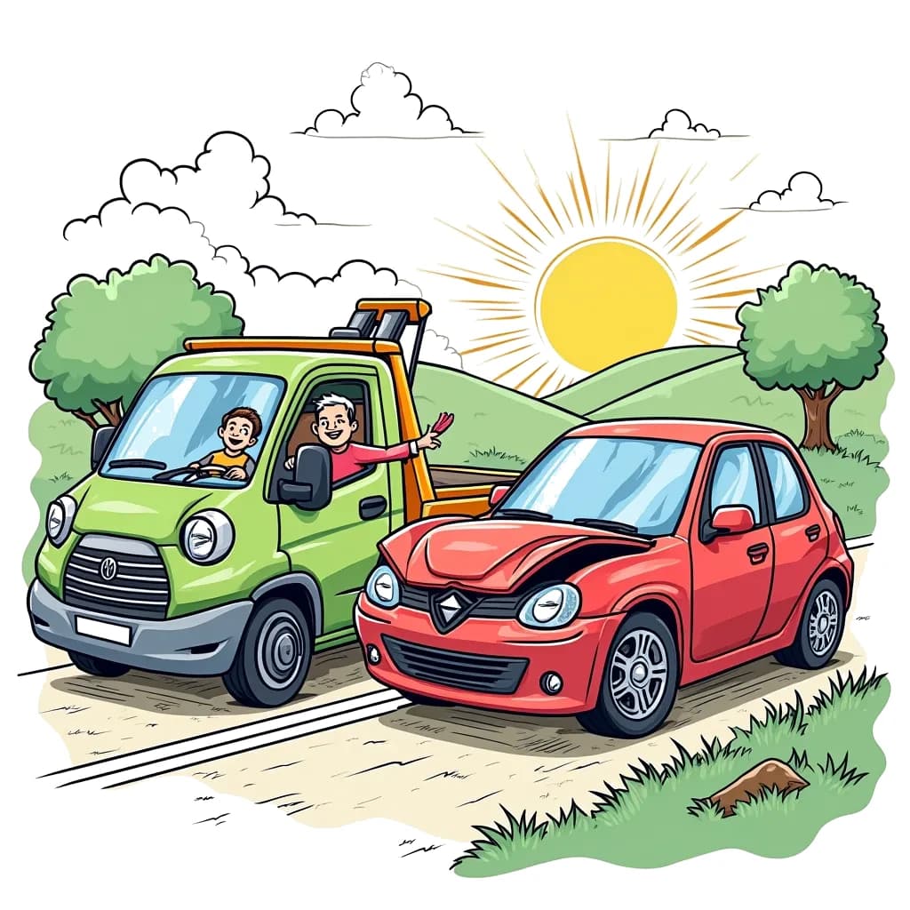 Coloring Page (colored): Tow Truck Helping a Car - A tow truck is assisting a broken-down car on the side of the road, with a friendly driver offering help. In the background, a sun is setting behind the hills.