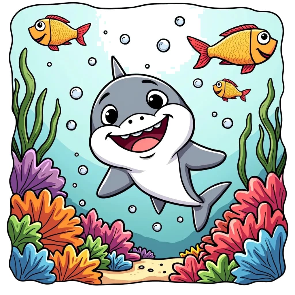 Coloring Page (colored): Shark Encounter - A friendly shark swims alongside a vibrant coral reef, surrounded by colorful fish. The shark is smiling, inviting kids to color its sleek body and the lively reef.